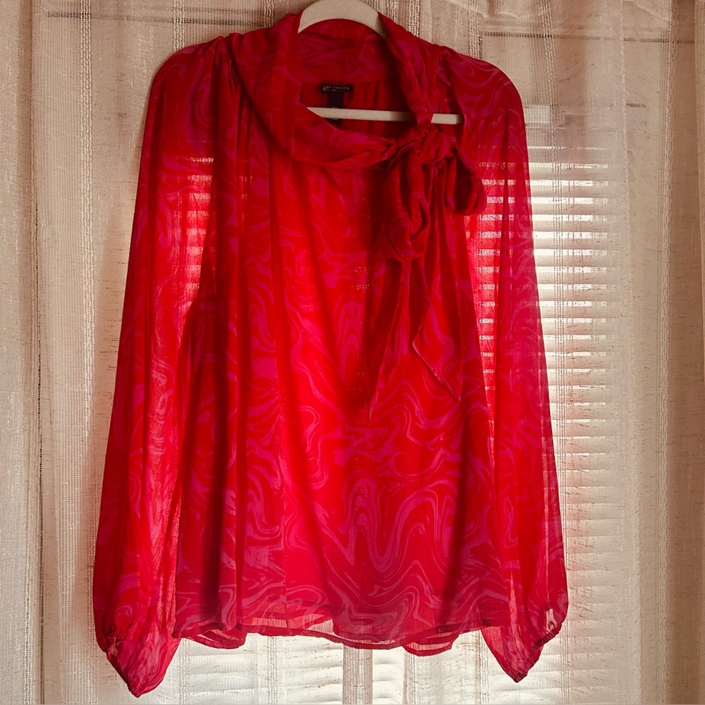 Plus Size - Sheer Bow-Tie Blouse in Vivid Fuchsia Pink